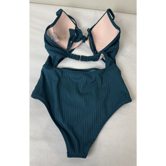 Shade & Shore One Piece Swimsuit Cutout Push Up Padded Ribbed Tie-Front Teal 32A - Picture 2 of 8